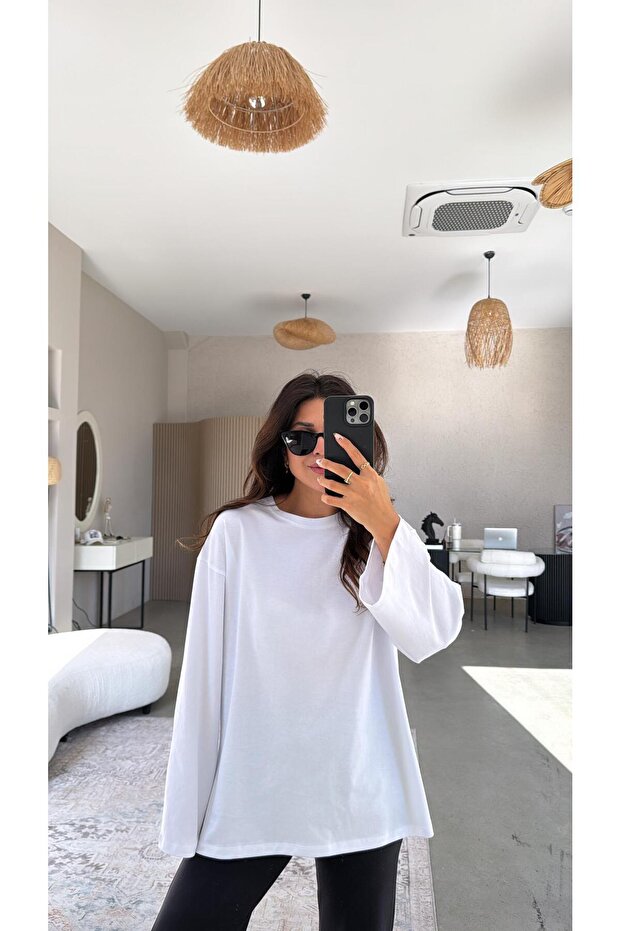 Mânecă lungă albă basic Bumbac tricou - 2