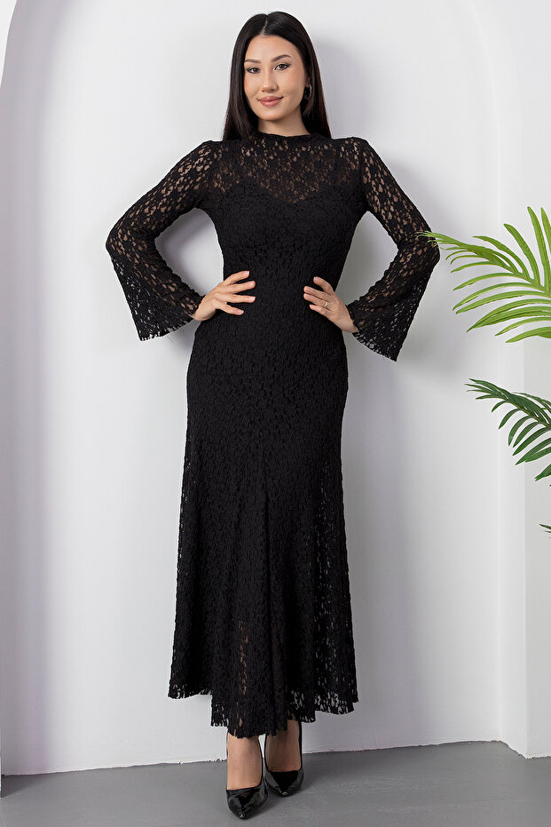 Dik Yaka Astarlı Dantel Elbise NY3066 - 6