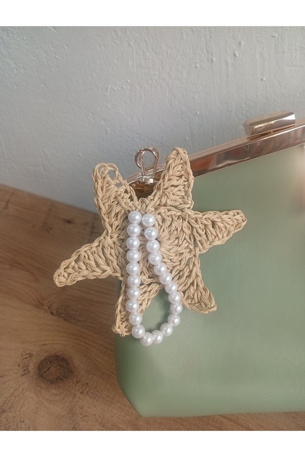 Hand Knitted Star-Shaped Pearl Bag Ornament - Charm Keychain and Car Mirror Ornament