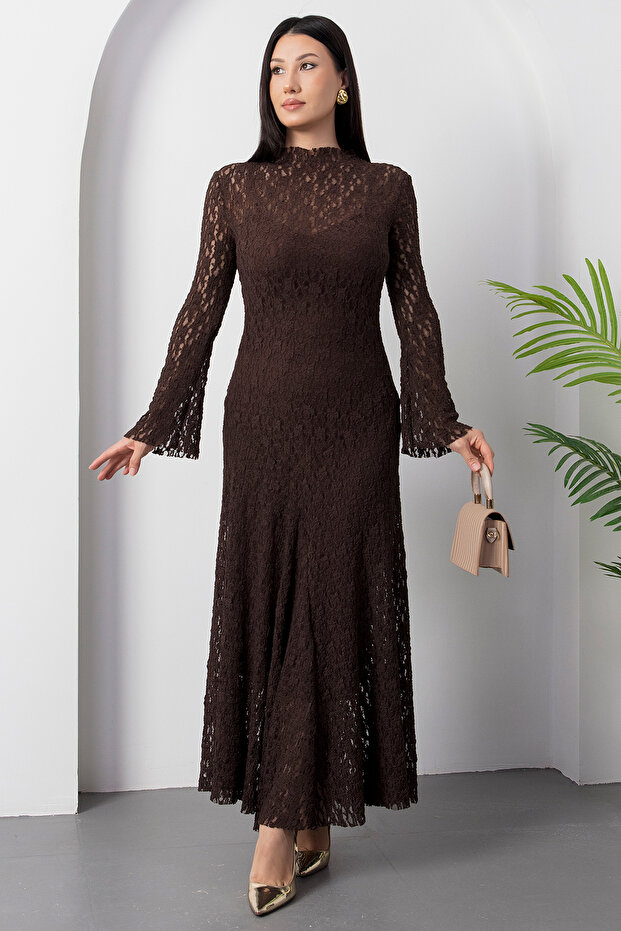 Dik Yaka Astarlı Dantel Elbise NY3066 - 1