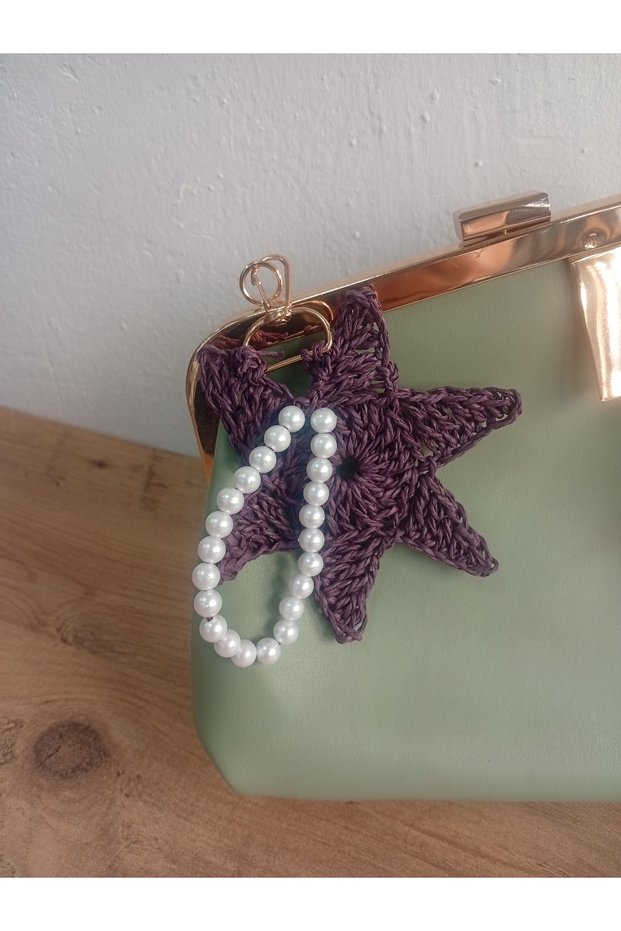 Hand Knitted Star-Shaped Pearl Bag Ornament - Charm Keychain and Car Mirror Ornament