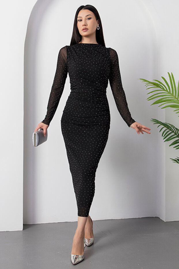 Bisiklet Yaka Drapeli Taşlı Tül Elbise DKS1330 - 3