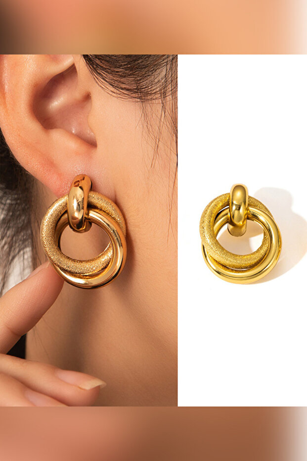 Birbirini Saran Halka Tasarımlı Gold Modern Küpe - 4