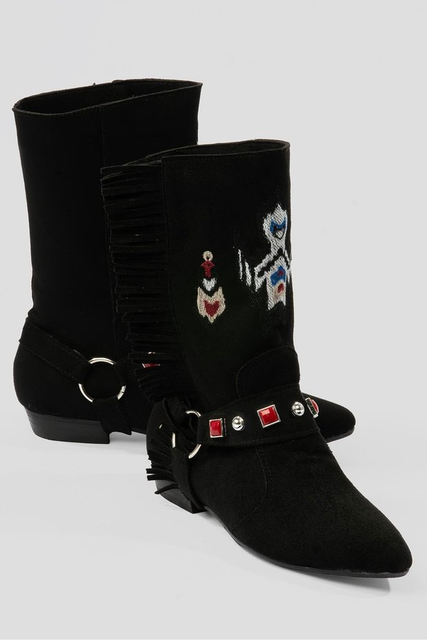 Women's Suede Boots Embroidered Tassel Detail Black Tessa