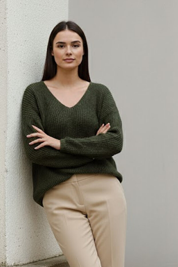 Women's Khaki V-Neck Comfortable Fit Knit Sweater
