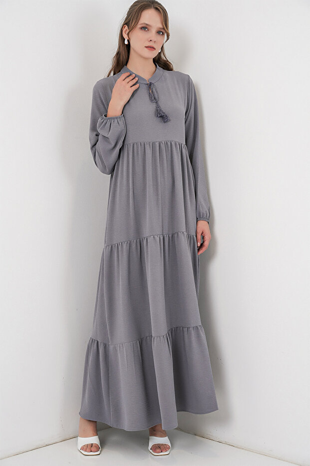 T1627 Yaka Bağcıklı Elbise - Gri - 4