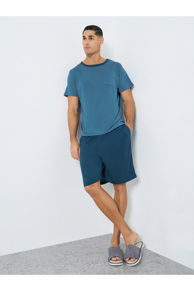 Navy Blue Solid T-Shirt and Shorts Pyjama Set