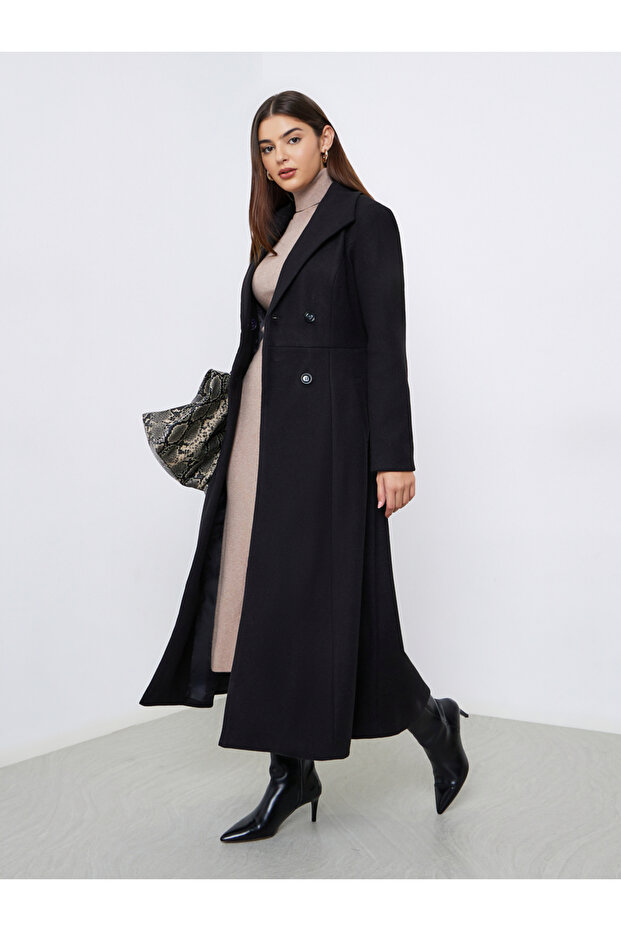 Black Regular Fit Wool Like Double Breasted Coat