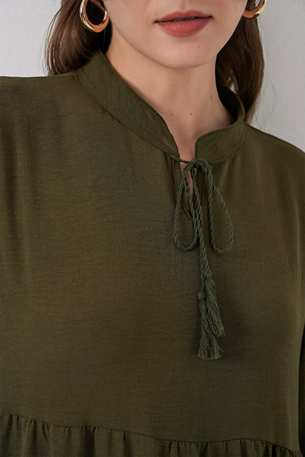 T1627 Yaka Bağcıklı Elbise - D.Haki - 5