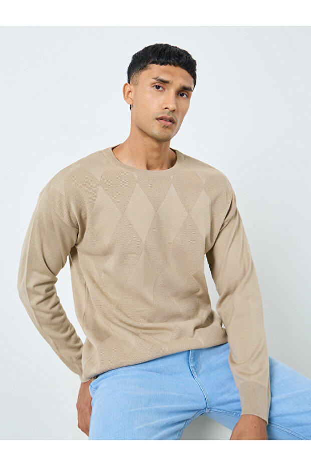 Men Beige Diamond Pattern Sweater - 1