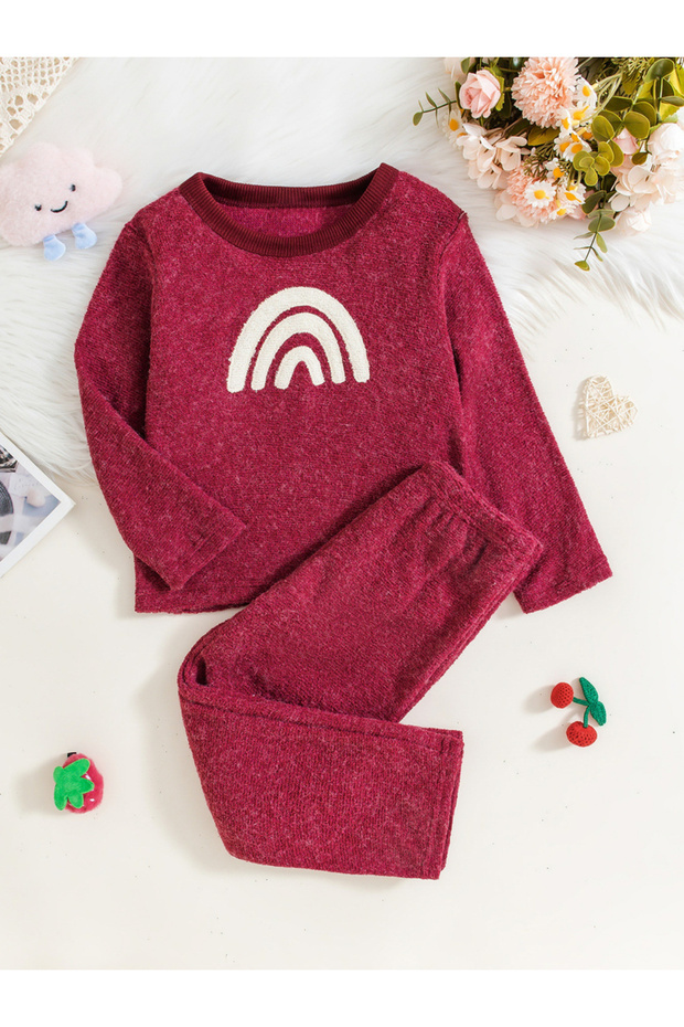 Graphic Embroidery Round Neck Top with Long Pyjama Set