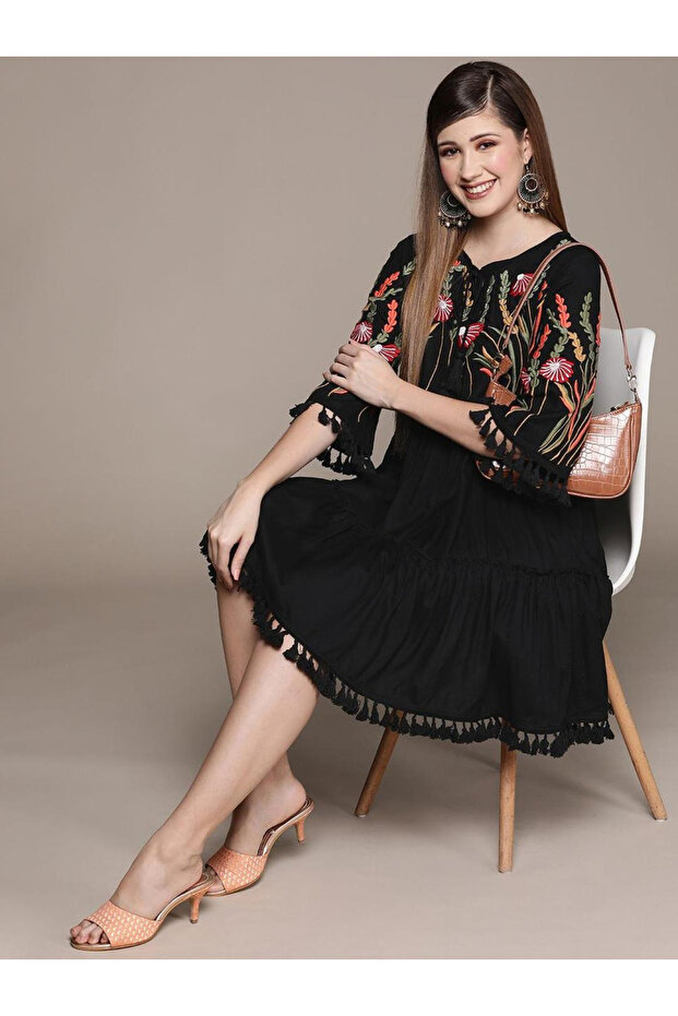 Black Floral Embroidered Mini Dress