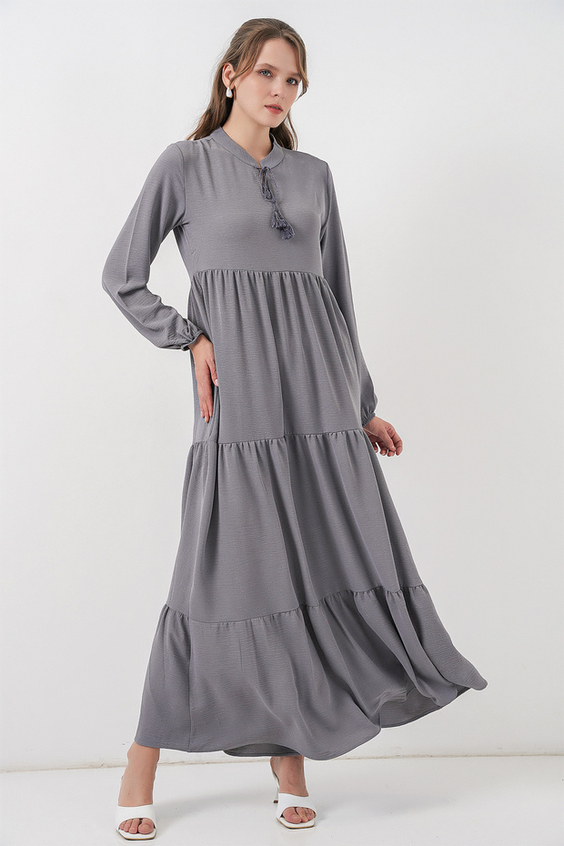 T1627 Yaka Bağcıklı Elbise - Gri - 1