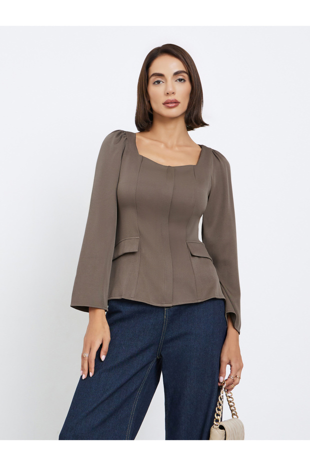 Brown Sweetheart Neck Blouse