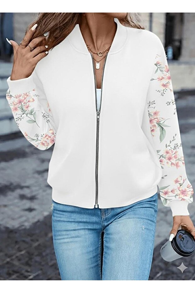 سترة بومبر مزخرفة بنقشة الزهور البيضاء مكونة من موسمي خيوط - موديل أنيق M مع سحاب - 1