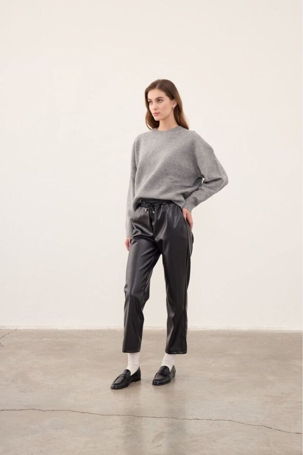 Lace-Up Waist Leather Trousers - Black
