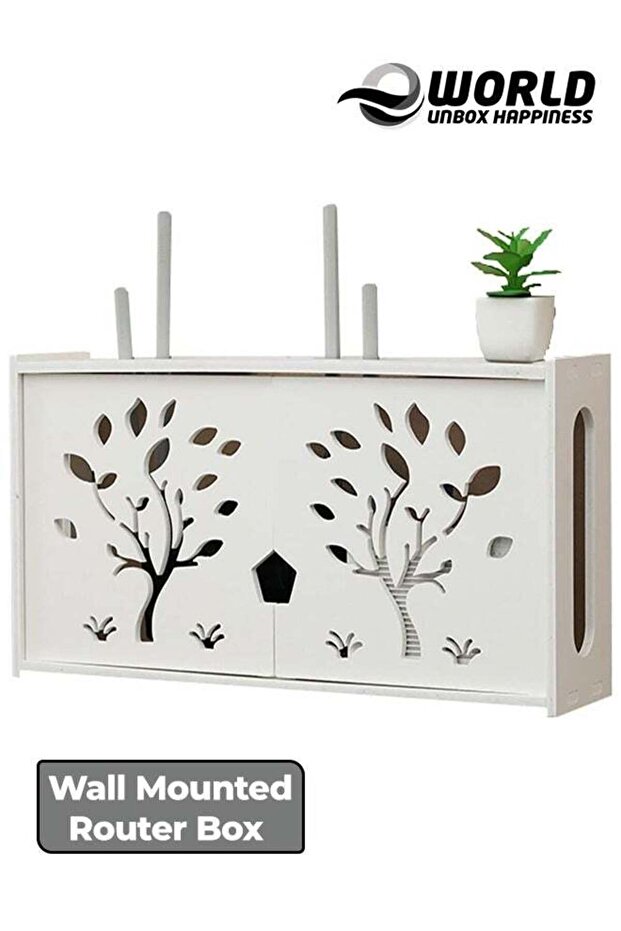 رف جهاز توجيه مثبت على الحائط مع صندوق حماية لوحة التوصيل، أبيض - 1