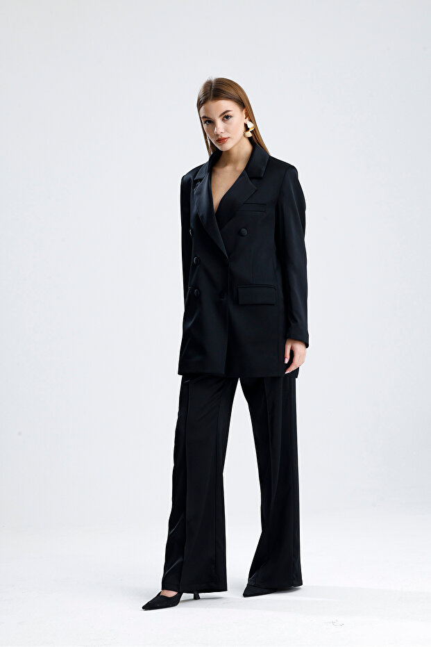 Lined Shoulder Pad Piece Satin Women's Suit – Stylish Oversized Jacket and Wide Leg Pants | Tk36437 Black