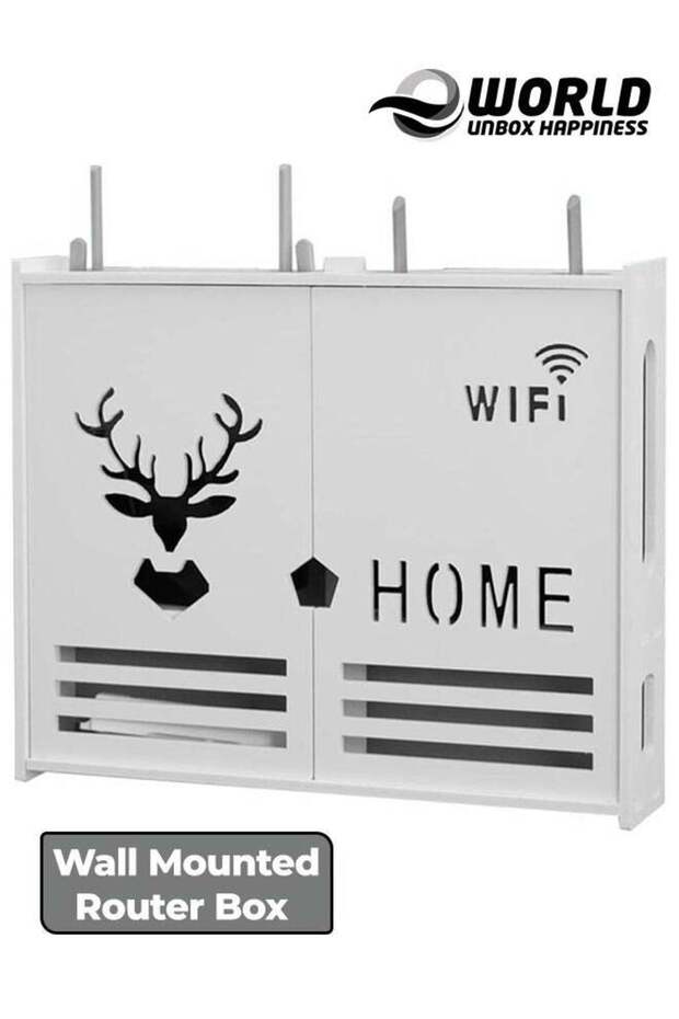 رف جهاز توجيه مثبت على الحائط مع صندوق حماية لوحة التوصيل، أبيض - 1