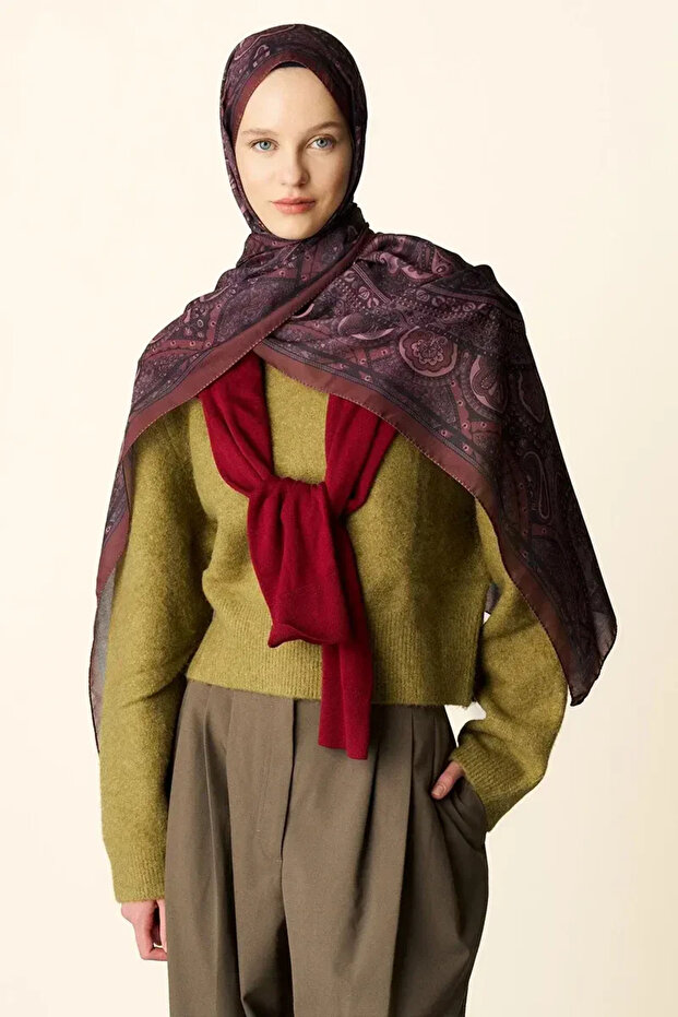 Clara Patterned Cotton Textured Shawl - Red Brown