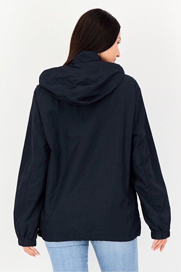 Women Solid Hooded Jacket, Navy - 4