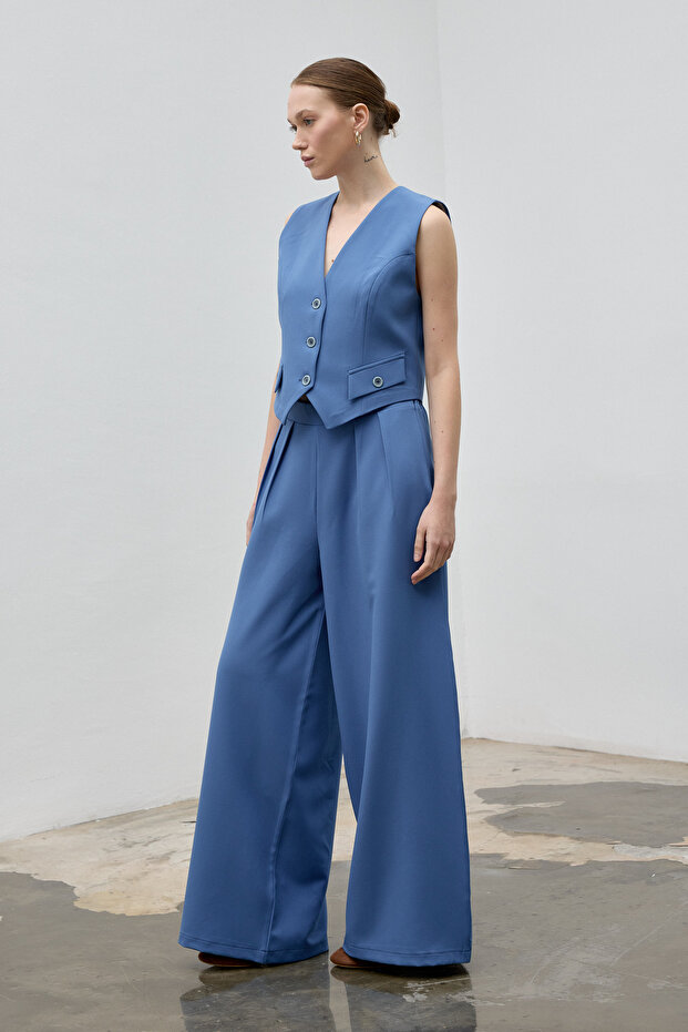 Blue Vest and High-Waisted Wide-Leg Pants Eden Set
