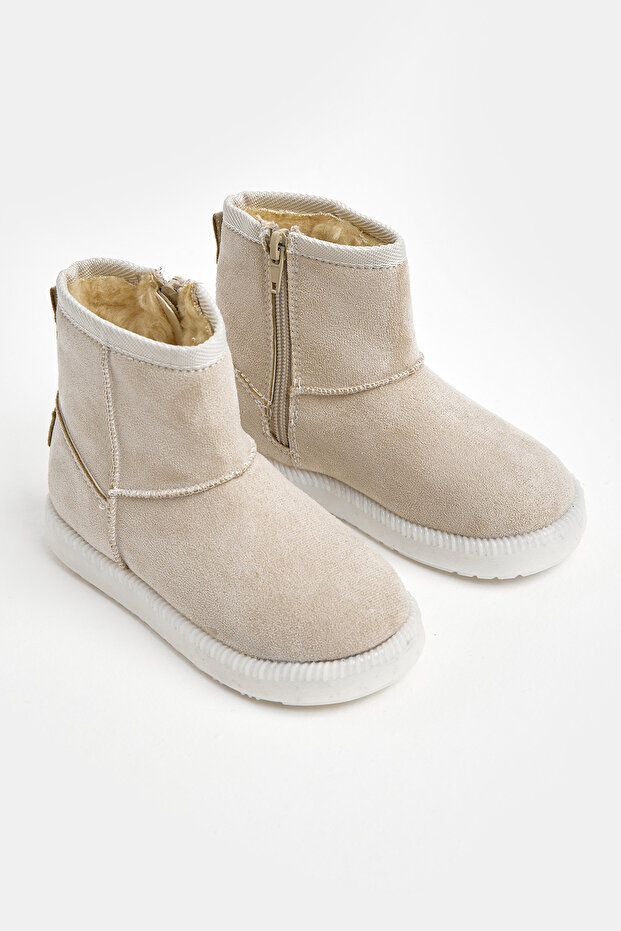 Girl's Beige Thermo Sole Suede Look Short Boots with Fur Inside