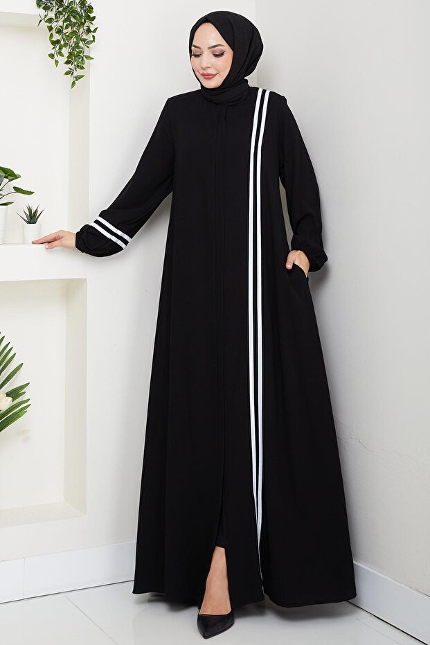 Striped Detail Black Abaya HM2846