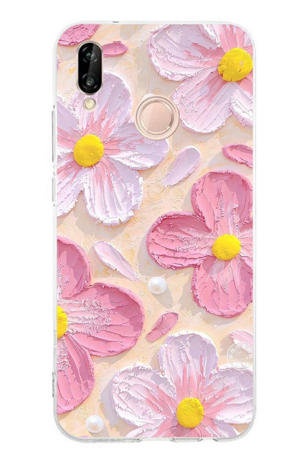حافظة سيليكون متوافقة مع هاتف هواوي P20 لايت باللون الوردي والأبيض والأزهار المائية مطبوع