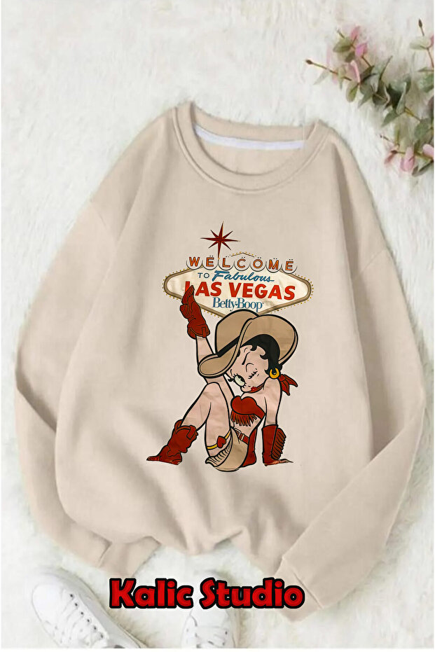 Betty Boop Las Vegas Sweatshirt Oversized Crew Neck Beige