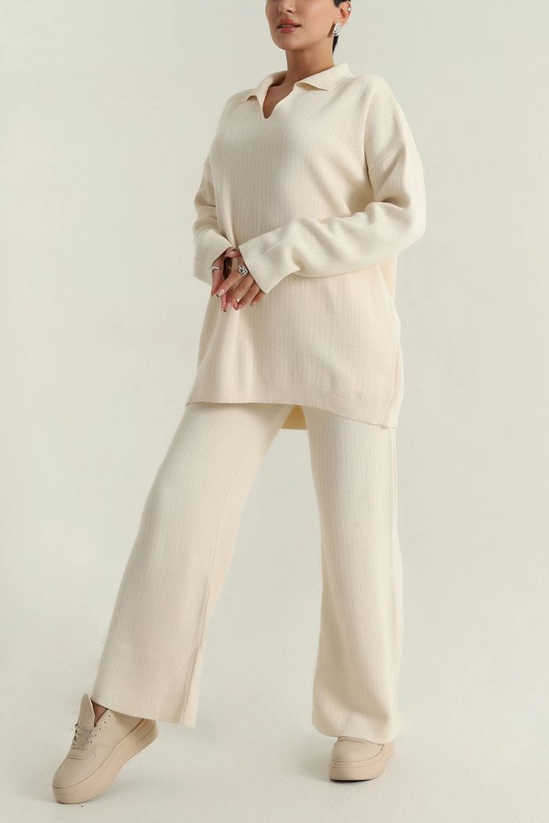Women's Polo Neck Sweater Pants Knitwear Two-Piece Set