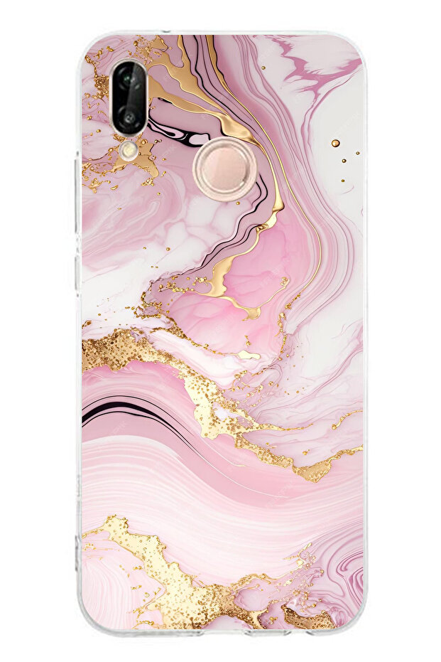 حافظة سيليكون متوافقة مع هاتف هواوي P20 لايت باللون الوردي الرخامي مطبوع - 1