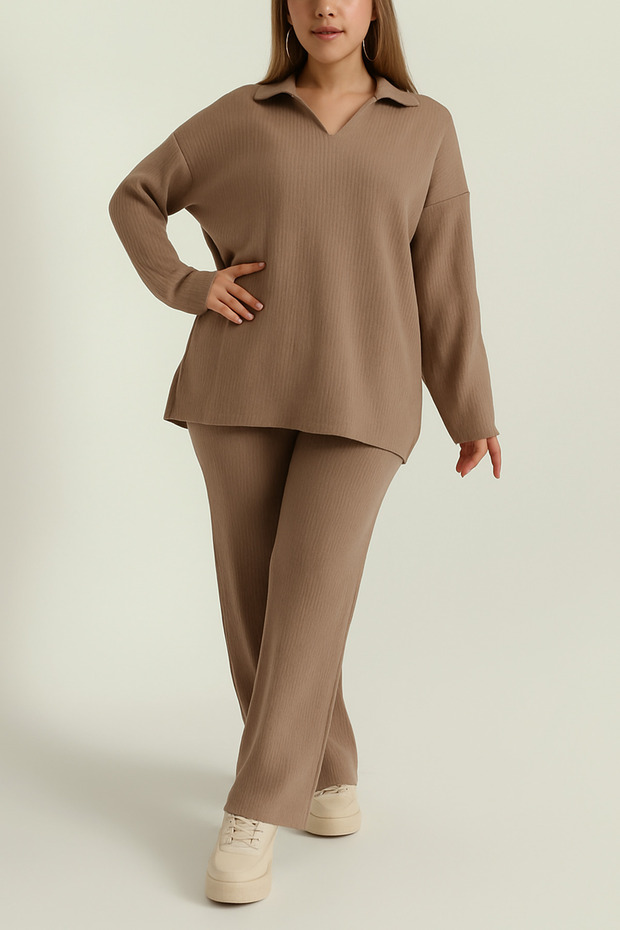 Women's Polo Neck Sweater Pants Knitwear Two-Piece Set