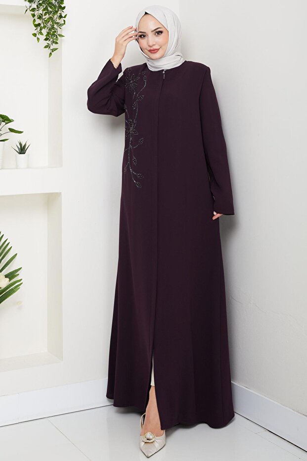 Floral Detail Stone Embellished Ferace Purple Hm2847