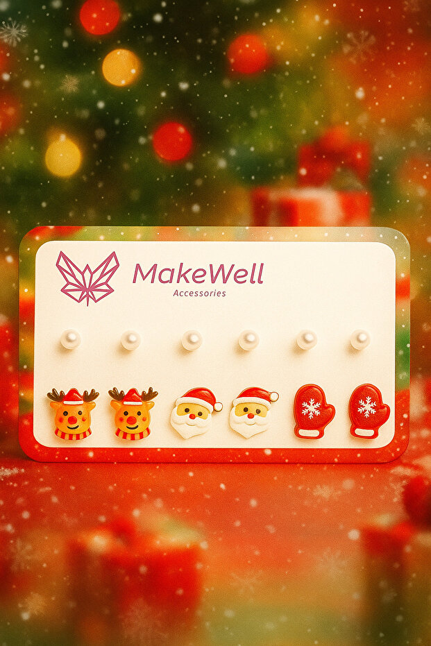 New Year's Concept Colorful Earring Set with Snowman and Pine Tree Figures and Pearl Earrings