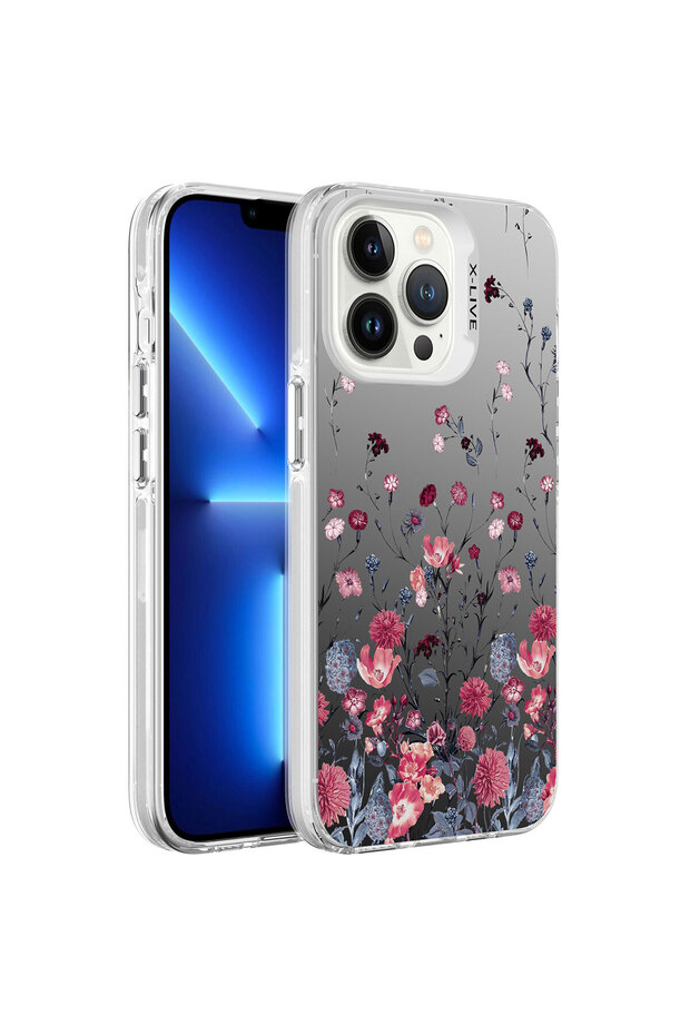 iPhone 13 Pro Compatible Patterned Senk Silver Hard Case-Flower