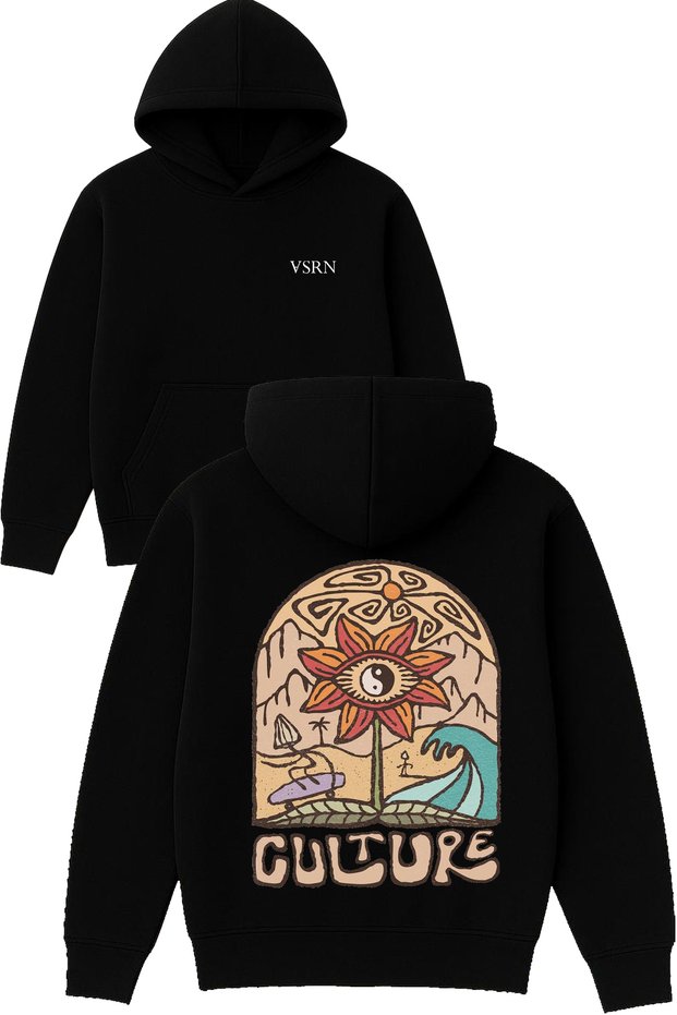 Papatya Culture Design Printed Oversized Black Hooded Sweatshirt