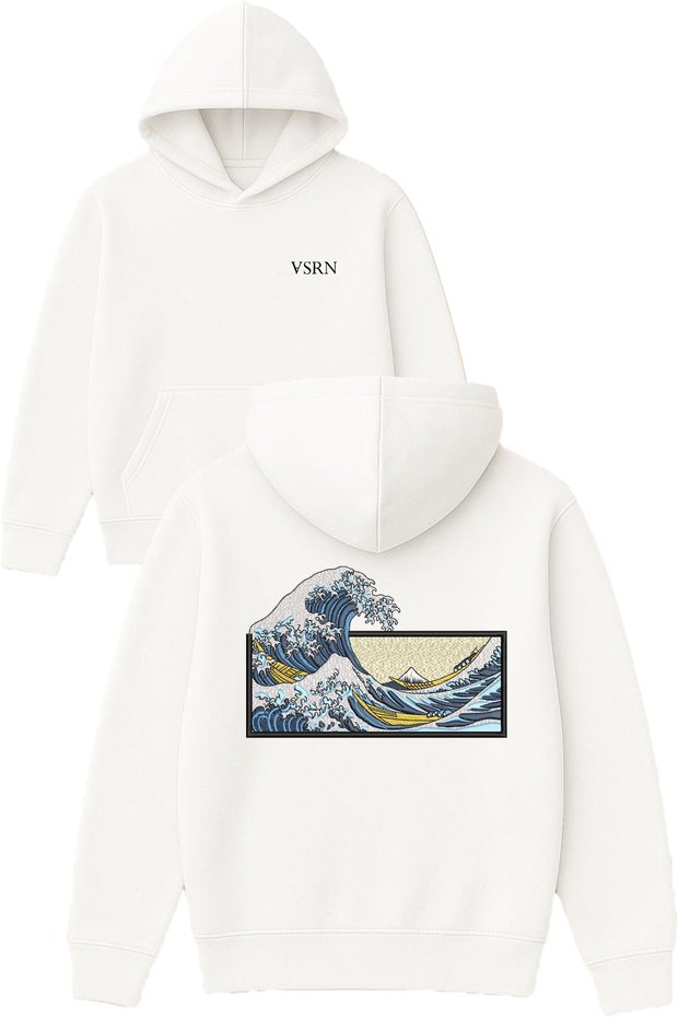 Wave Frame Design Printed Oversized White Hooded Sweatshirt