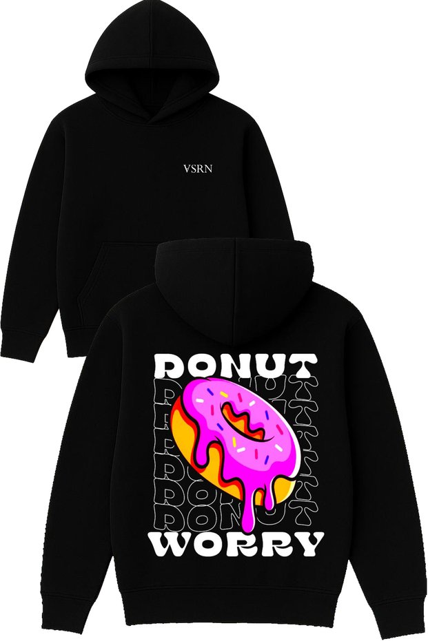 Donut Worry Design Printed Oversized Black Hooded Sweatshirt