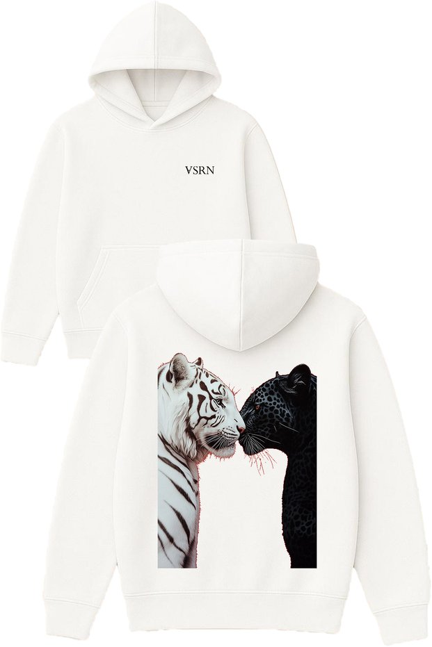 Tiger and Panther Design Printed Oversized White Hooded Sweatshirt