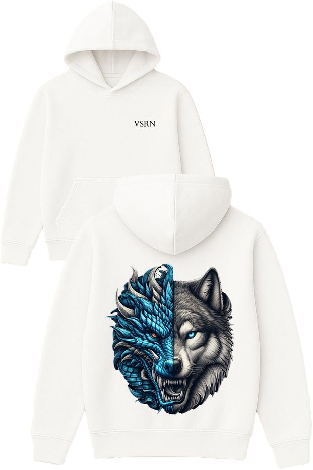 Wolf Dragon Design Printed Oversized White Hooded Sweatshirt