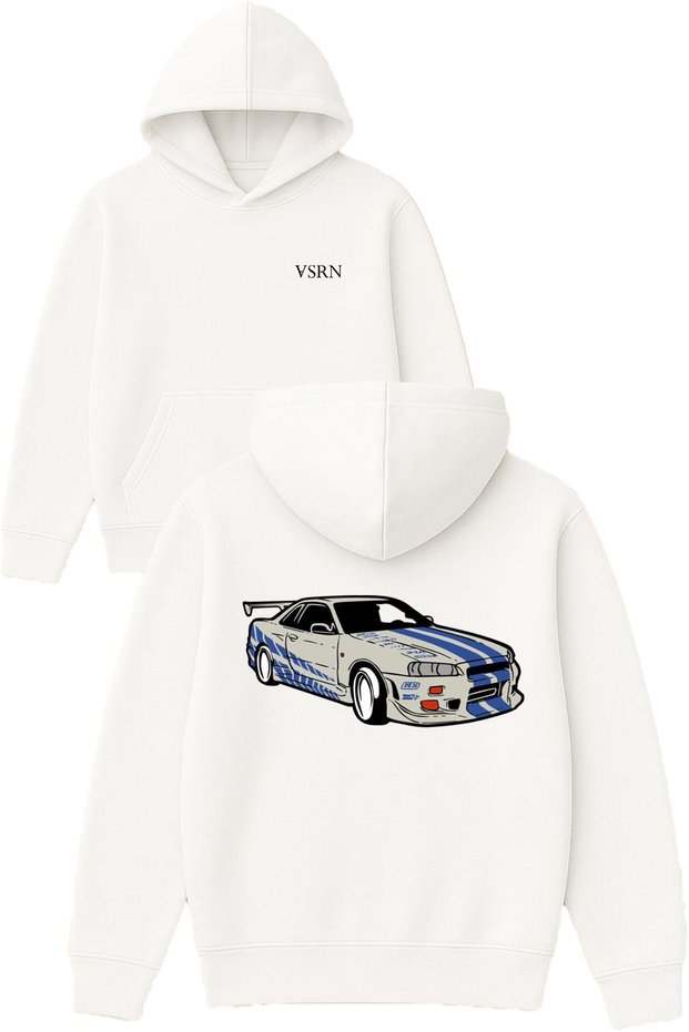 Beautiful Car Design Printed Oversized White Hooded Sweatshirt
