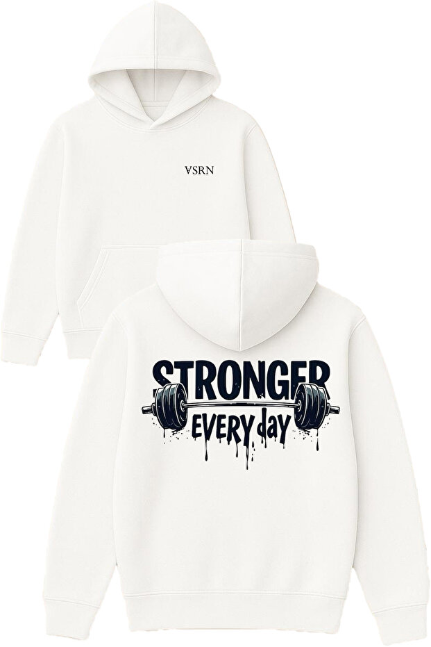 Stronger Every Day Design Printed Oversized White Hooded Sweatshirt