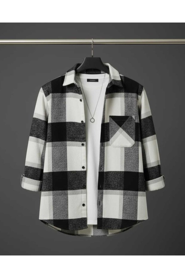 Single Pocket Detailed Plaid Textured Cashmere Cotton Button-Down Collar Winter Lumberjack Shirt