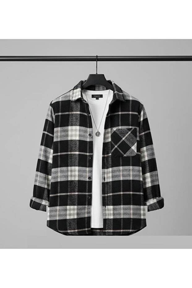 Single Pocket Detailed Plaid Textured Cashmere Cotton Button-Down Collar Winter Lumberjack Shirt