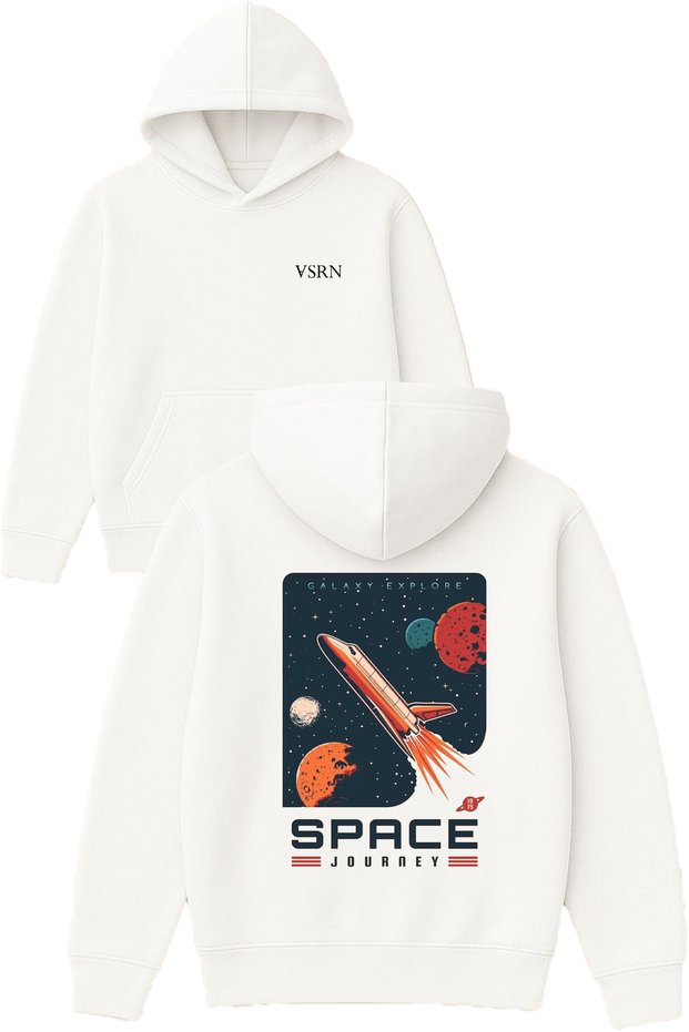 Space Journey Design Printed Oversized White Hooded Sweatshirt