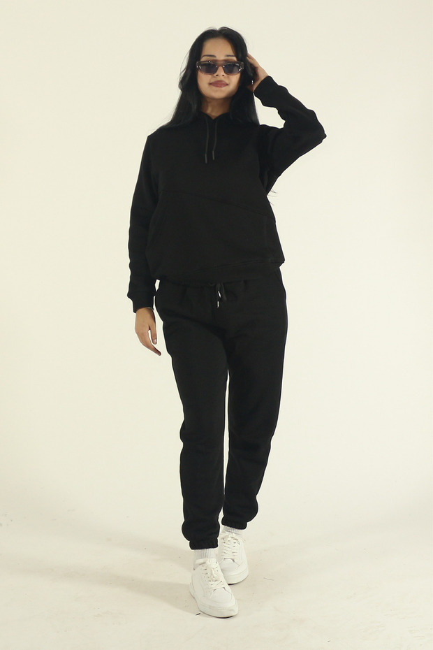Women's Winter Cotton Puff Fabric Side Pocket Hooded Jogger Tracksuit Set