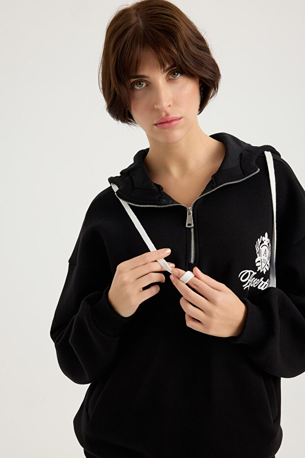 Hooded Tracksuit Set with Assertive Print and Zipper Detail - 6