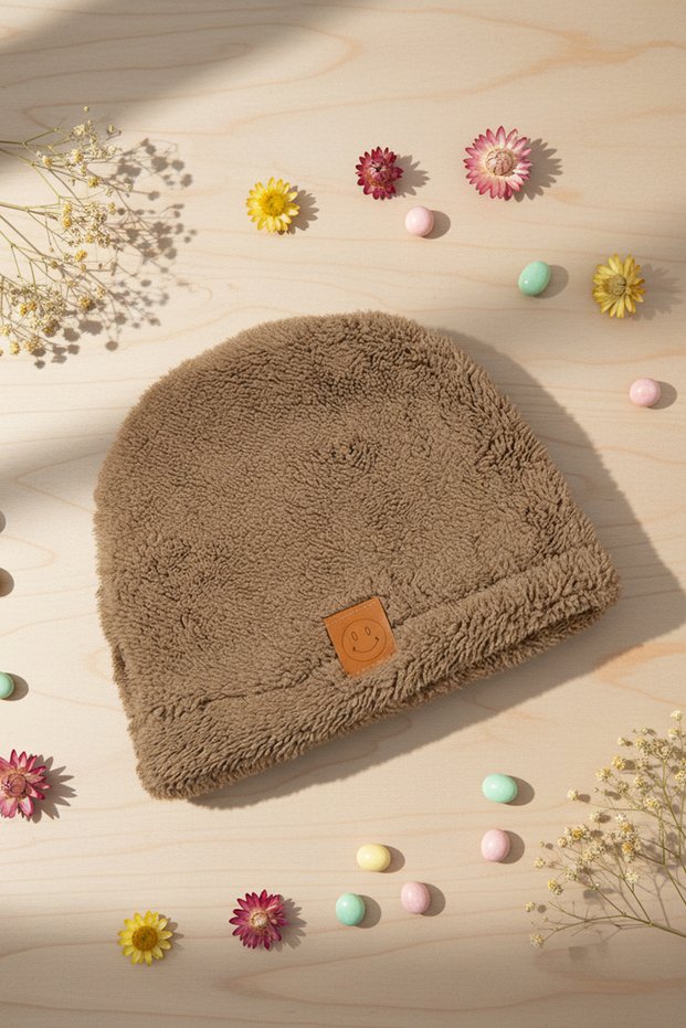 Children's Plush Beanie with Smiling Face Sticker Newborn Baby Welsoft Windproof Hat Winter Plush Beanie