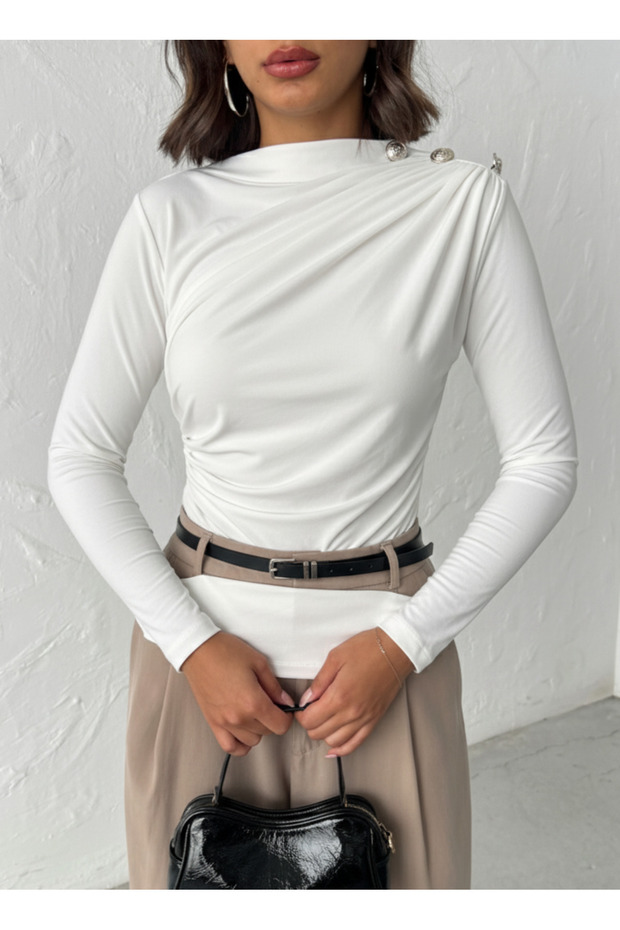 Women's Ecru Boat Neck Buttoned Shoulder Gathered Long Sleeve Sandy Fabric Blouse